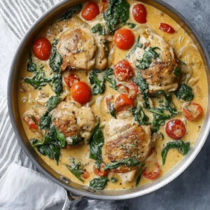 Creamy Tuscan chicken thighs plated with vibrant vegetables