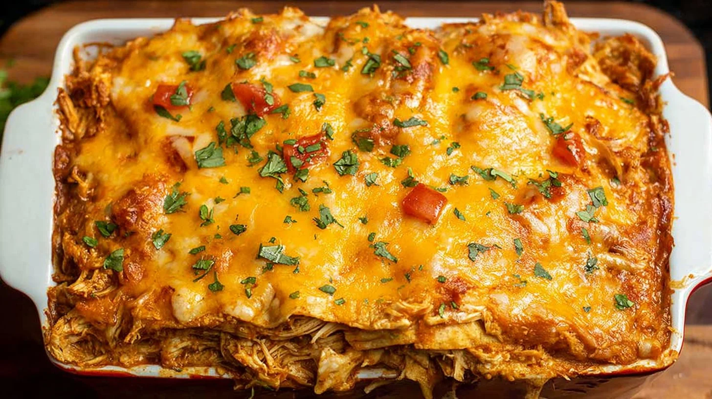 Easy cheesy chicken enchilada casserole topped with melted cheese and fresh toppings.