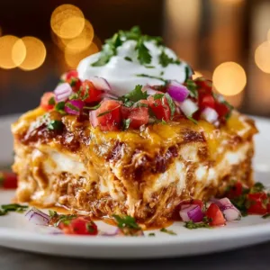 Easy cheesy chicken enchilada casserole ready to serve in a baking dish.