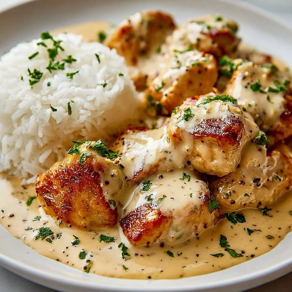 Delicious bowl of easy chicken and rice recipe garnished with herbs