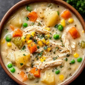 Bowl of Easy Chicken Pot Pie Soup with vegetables and crispy topping.