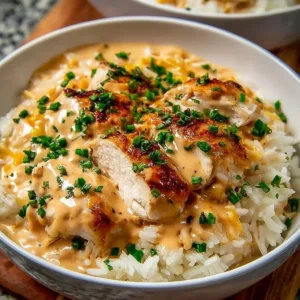 Creamy chicken and rice dish served in a bowl with fresh herbs on top.