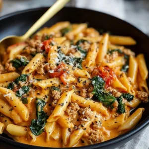 Delicious plate of easy ground chicken pasta with herbs and vegetables