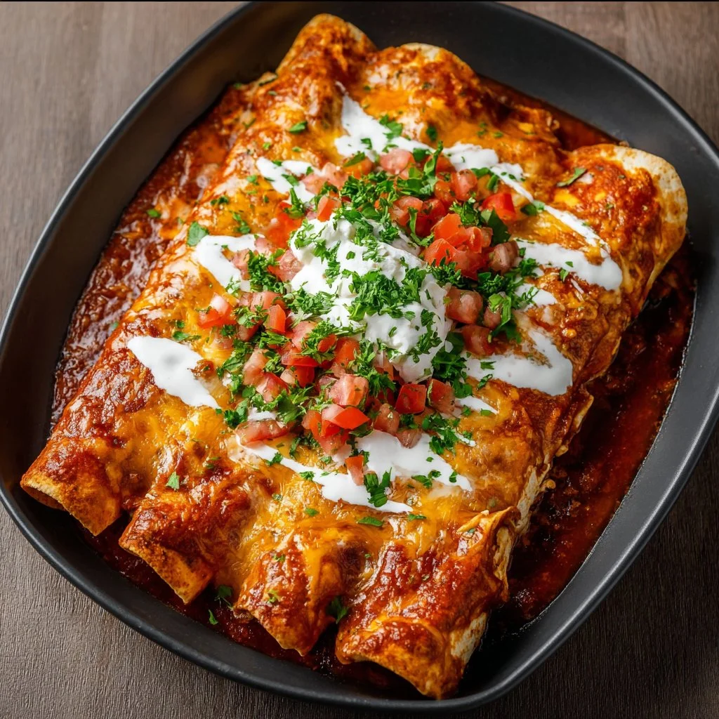 Delicious homemade chicken enchiladas topped with cheese and sauce