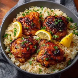 Easy lemon chicken thighs with rice served on a plate