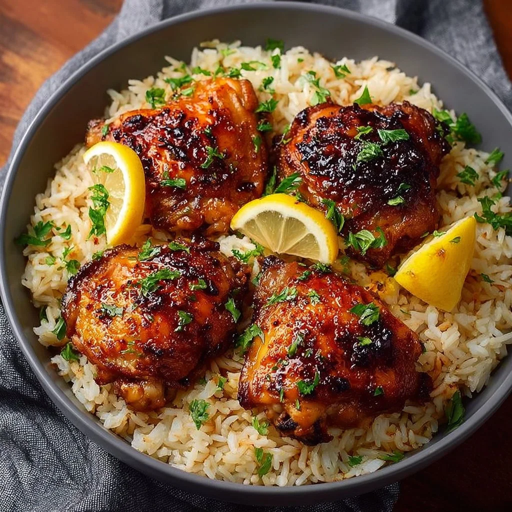 Easy lemon chicken thighs with rice served on a plate