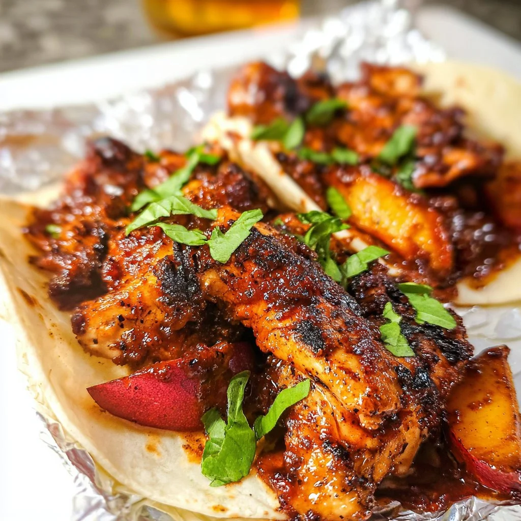 Delicious Garlic Butter Honey BBQ Chicken Tacos served on a plate