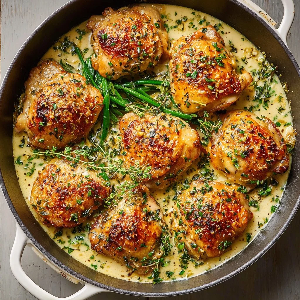 Garlic Parmesan Chicken Thighs served on a plate with herbs