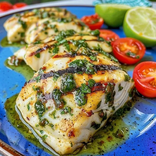Grilled salsa verde chicken garnished with cilantro and lime