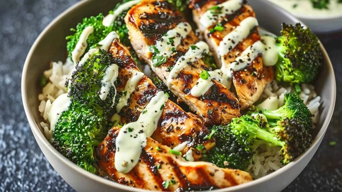 Healthy Grilled Chicken Broccoli Bowls with Creamy Garlic Sauce