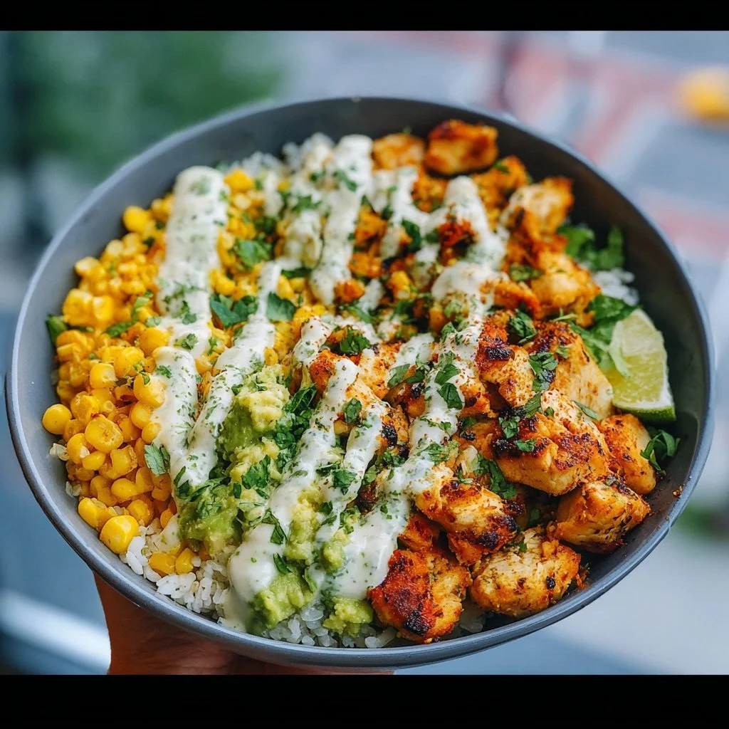Healthy Street Corn Chicken Bowl with corn, chicken, and fresh toppings