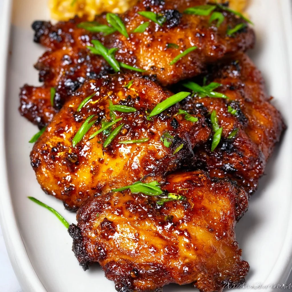 Plate of honey garlic chicken thighs glazed with sweet and savory sauce.