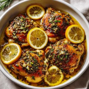 Slow Cooker Lemon Garlic Chicken served with herbs and lemon wedges