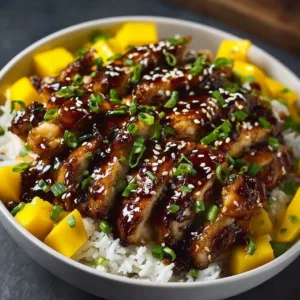 Delicious mango glazed chicken served with fresh herbs and vegetables