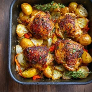 One Pan Roasted Chicken Thighs dish with herbs and vegetables