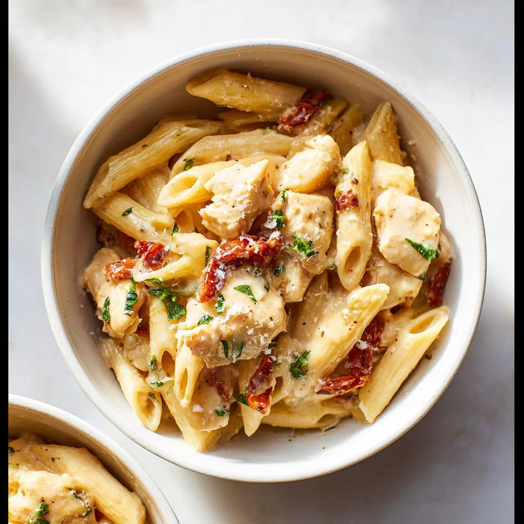 One Pot Chicken and Broccoli Pasta served in a bowl with fresh herbs.