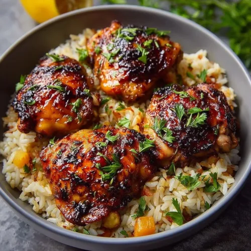 One pot lemon chicken thighs and rice dish ready to serve
