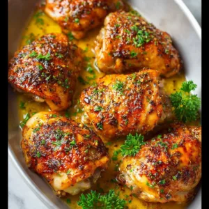 Juicy oven baked chicken thighs served on a plate with herbs and spices