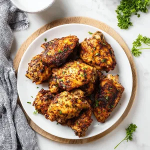 Oven baked chicken thighs golden and juicy on a plate