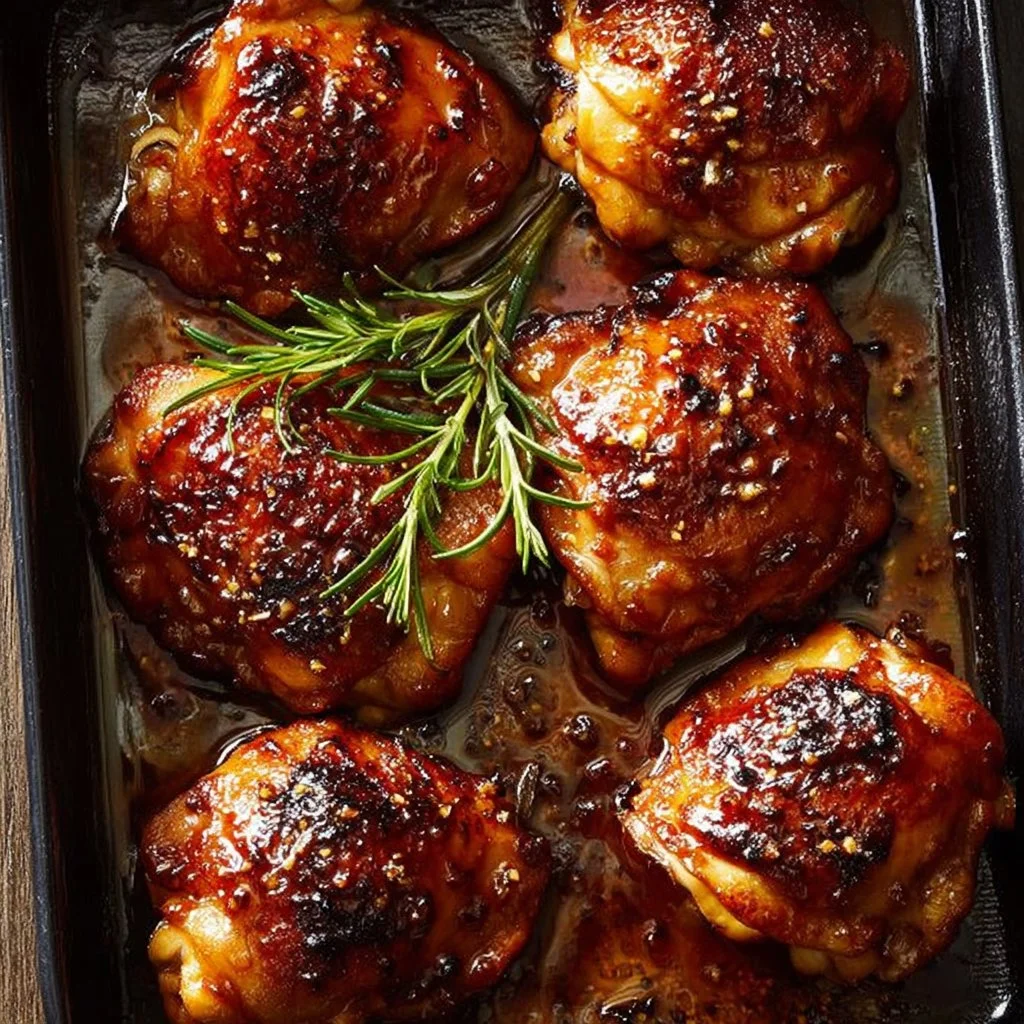 Oven baked chicken thighs on a plate, ready to serve and enjoy.