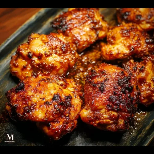 Oven baked skinless chicken thighs garnished with herbs and spices