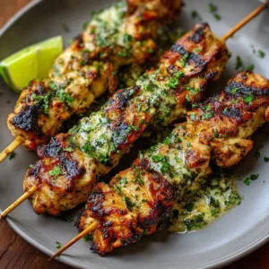 Delicious Peruvian chicken skewers grilled to perfection with vibrant spices.