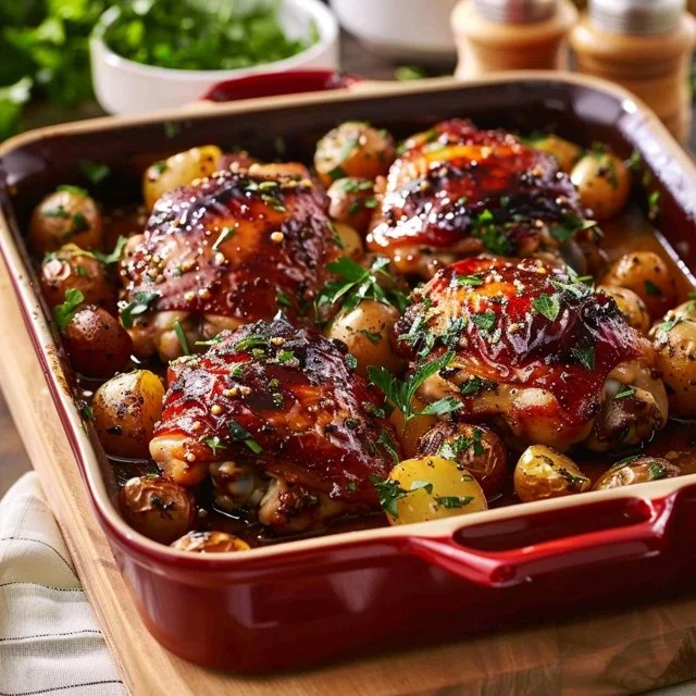 Roasted chicken thighs with crispy potatoes served on a plate