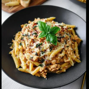 Bowl of simple creamy ground chicken pasta with herbs and parmesan cheese