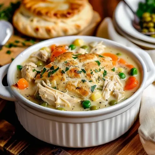 Delicious slow cooker chicken pot pie served in a bowl with vegetables and herbs.