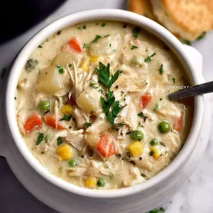 Delicious slow cooker chicken pot pie soup served in a bowl with fresh herbs