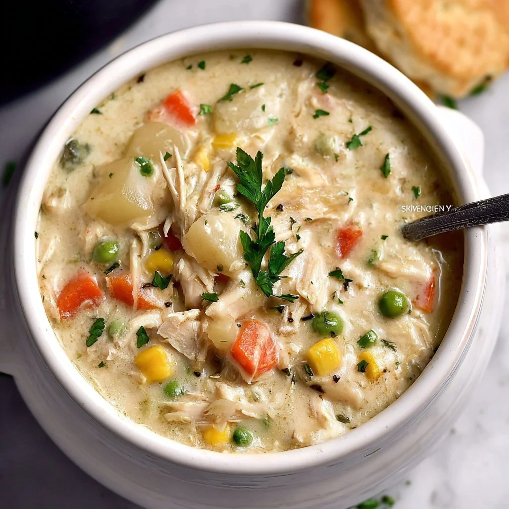 Delicious slow cooker chicken pot pie soup served in a bowl with fresh herbs