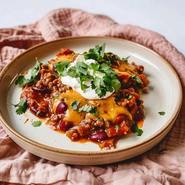 Delicious Slow Cooker Cowboy Casserole loaded with beans, beef, and cheese.