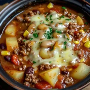 Delicious Slow Cooker Cowboy Casserole topped with cheese and herbs