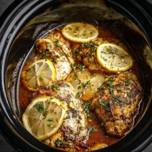 Slow Cooker Lemon Garlic Chicken dish garnished with fresh herbs
