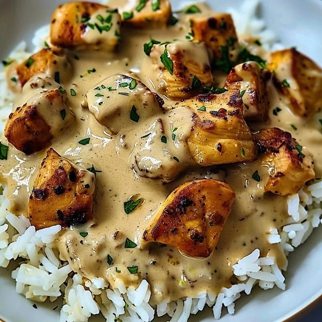Plate of smothered chicken served with rice and garnished with herbs.