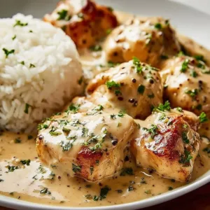 Delicious smothered chicken served over fluffy rice for an easy dinner.