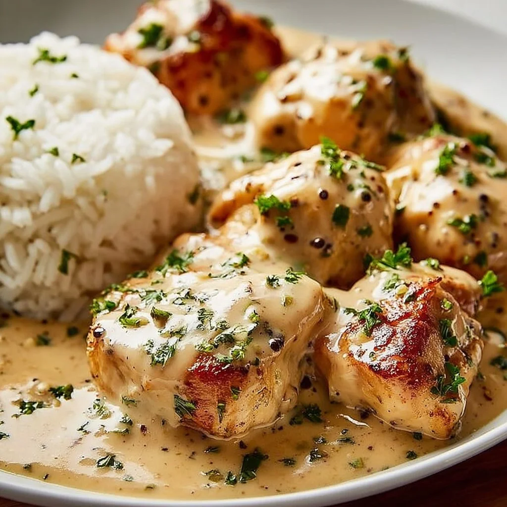 Delicious smothered chicken served over fluffy rice for an easy dinner.