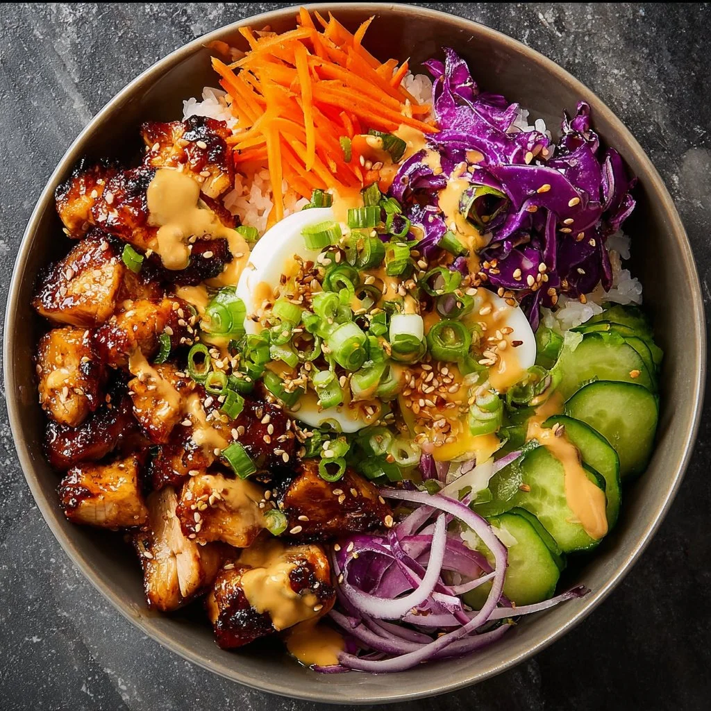 Delicious Sticky Chicken Poke Bowl garnished with fresh vegetables and drizzle of sauce
