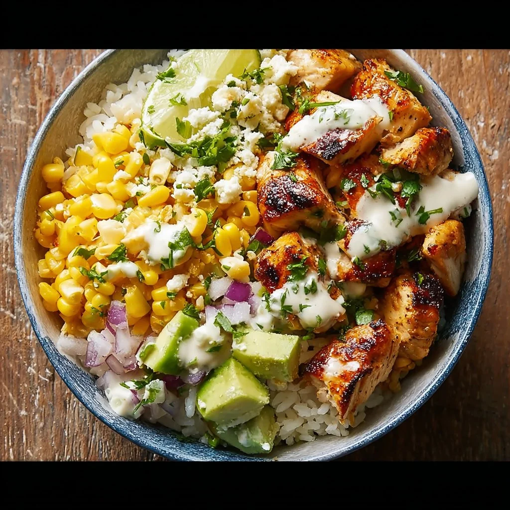 Delicious Street Corn Chicken Rice Bowl with vibrant toppings and grilled chicken.