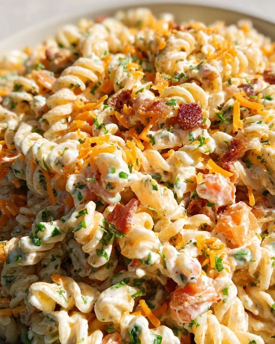 A delicious bowl of Bacon Ranch Pasta Salad with crispy bacon and fresh veggies