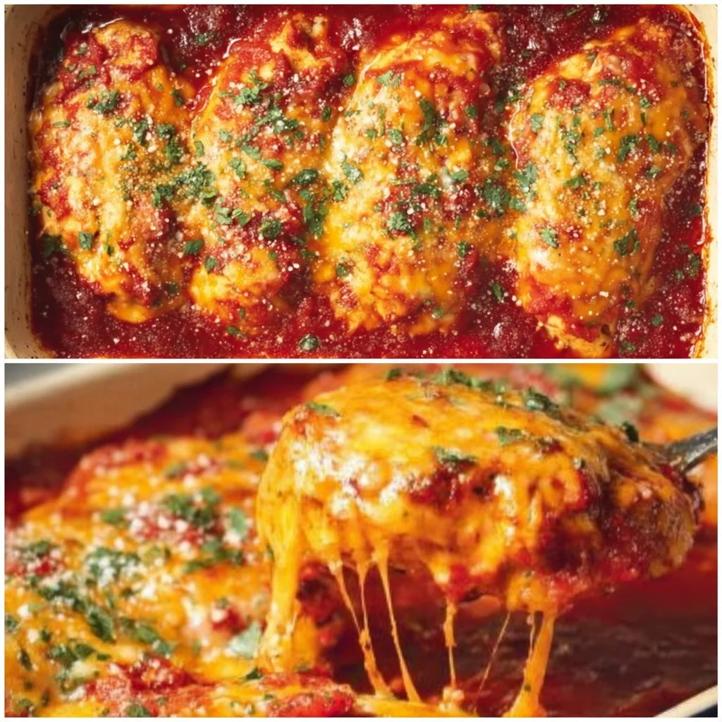 Dish of baked salsa chicken garnished with herbs in a serving bowl