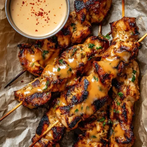 Grilled Bang Bang Chicken Skewers served on a platter with dipping sauce