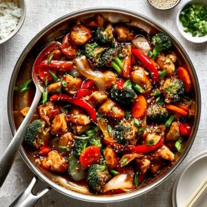 Delicious chicken stir-fry with colorful vegetables served in a bowl.