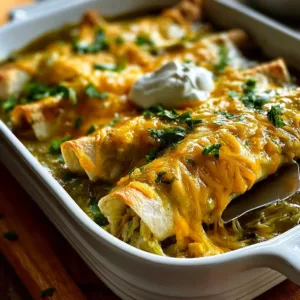 Delicious green chicken enchiladas topped with sour cream and cilantro