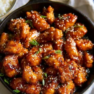 Delicious sesame chicken served with vegetables and sesame seeds