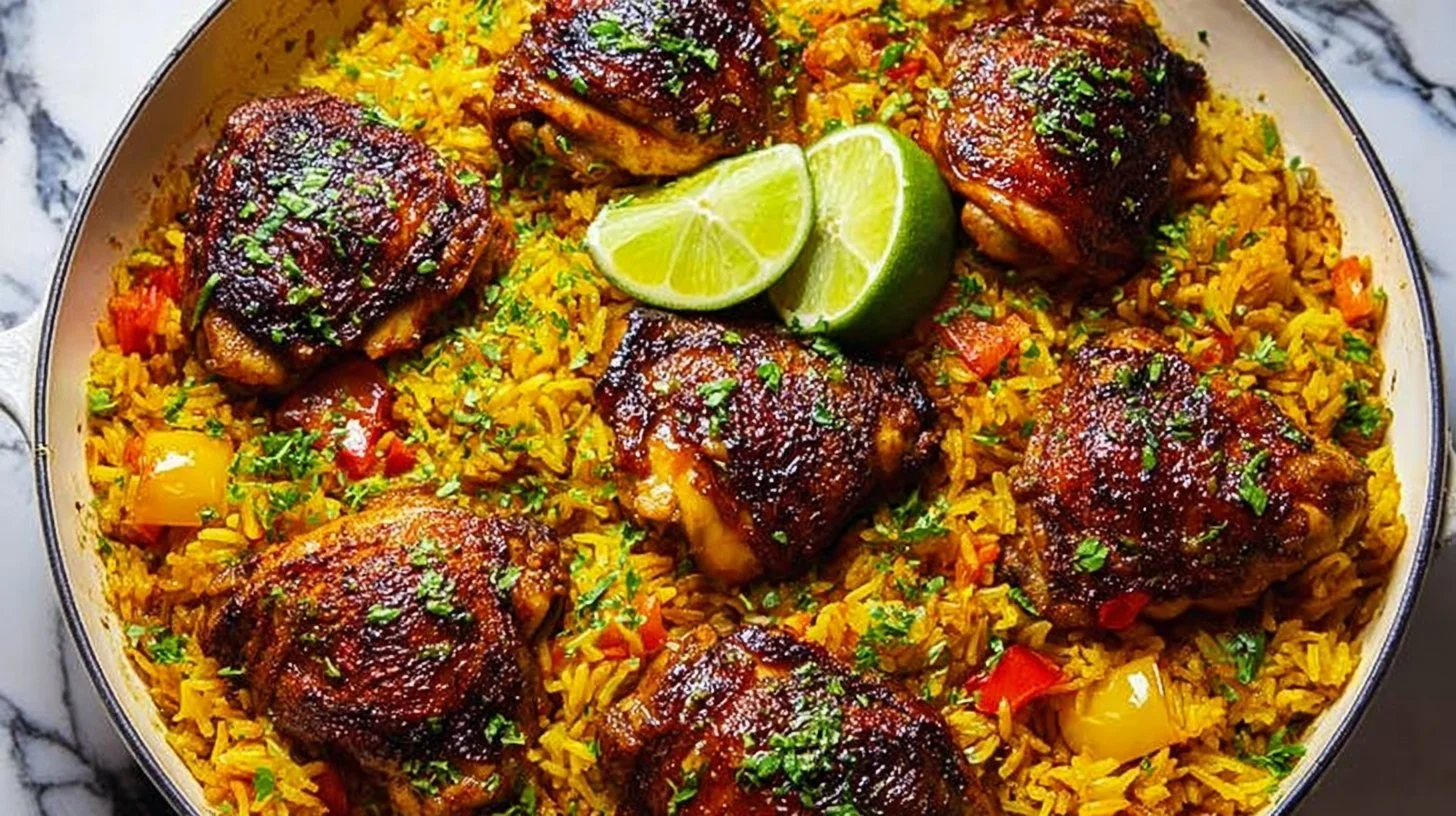 Crispy Caramelized Chicken Thighs with Golden Turmeric Spanish Rice and Roasted Peppers