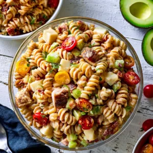 Delicious Chicken Club Pasta Salad with chicken, bacon, and fresh veggies