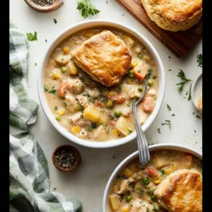Bowl of Chicken Pot Pie Soup topped with herbs and flaky pastry crust.