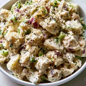 Creamy Classic Chicken Salad served in a bowl with fresh vegetables