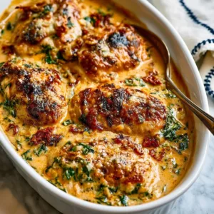 Creamy baked chicken breasts served with herbs and spices on a plate